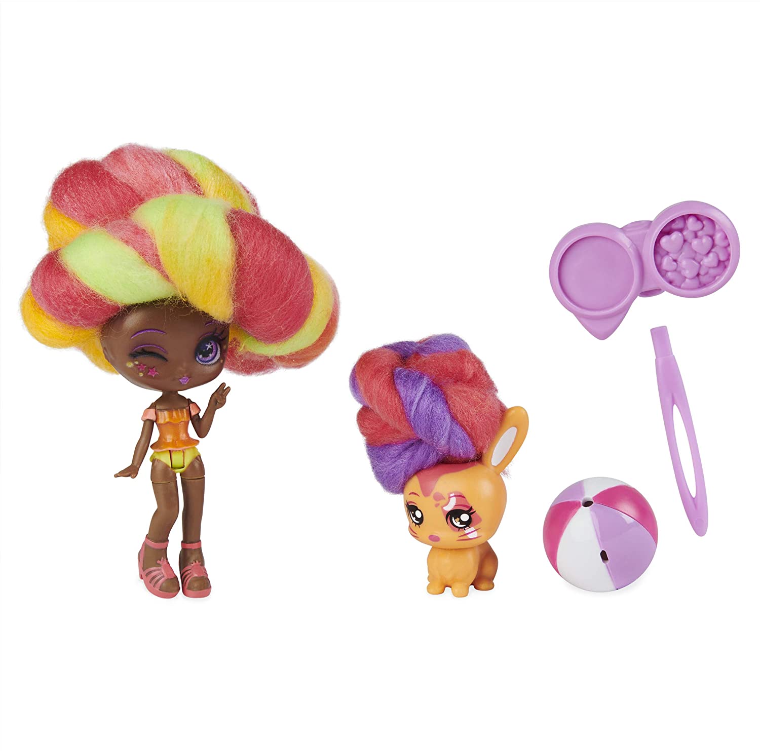 Candylocks 2-Pack, Margo Punch 7.5-cm Scented Collectible Doll and Pet with Accessories, Grey