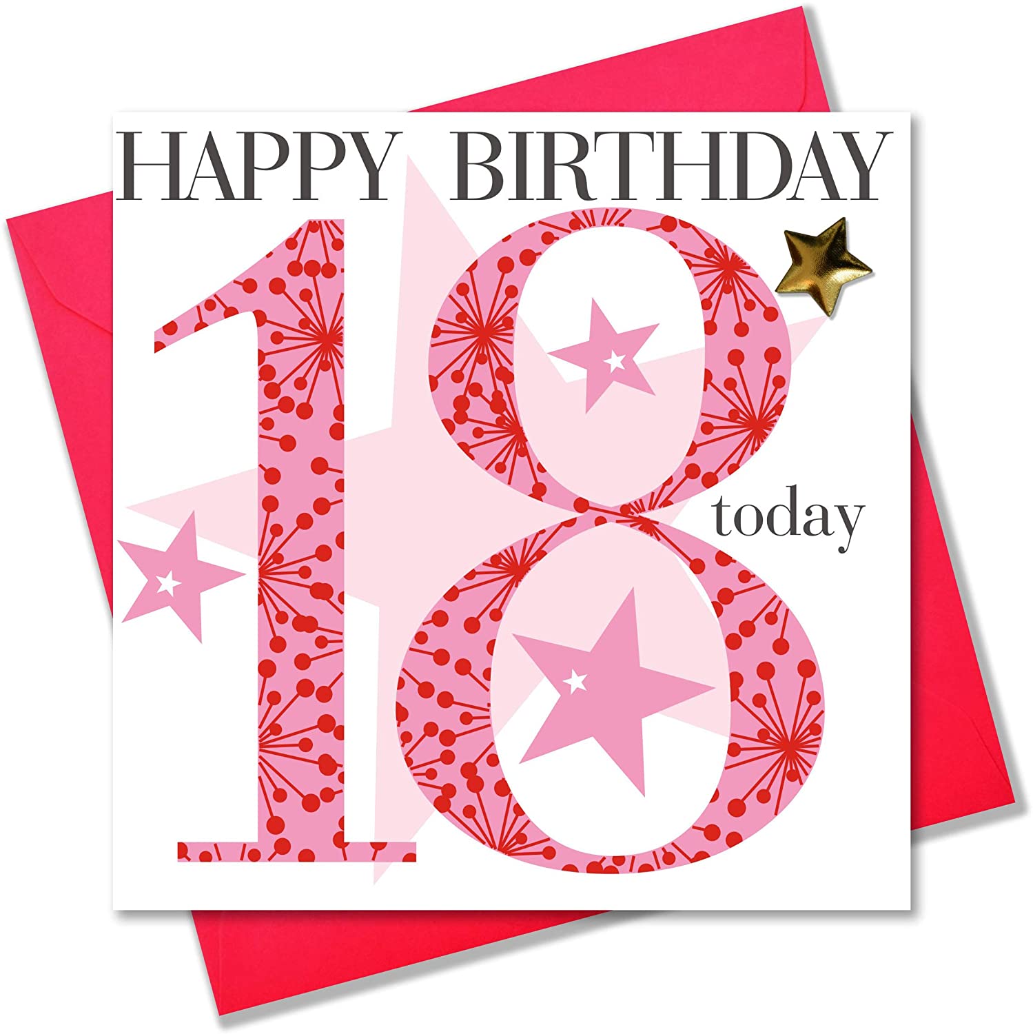 Claire Giles Greeting Cards, Age 18, 18th Birthday Card Girl, AGE18G, Pink with Gold, 155mm x 155mm