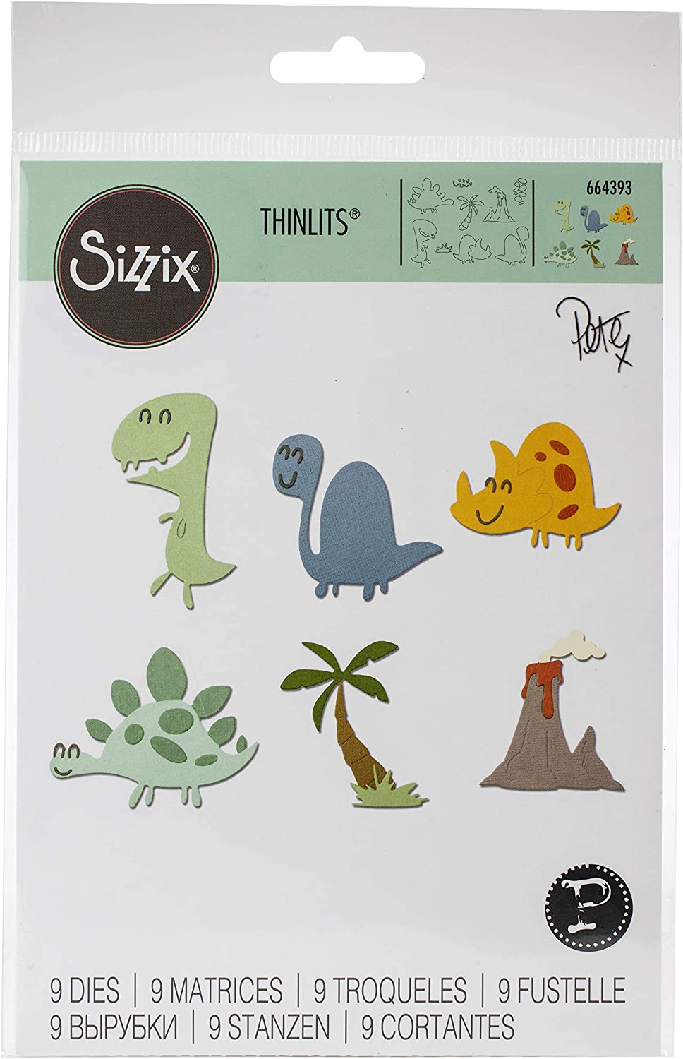 Sizzix Thinlits Die Set 9 Pack 664393 Dinosaurs by Pete Hughes, Paper, Mulitcolour, One Size