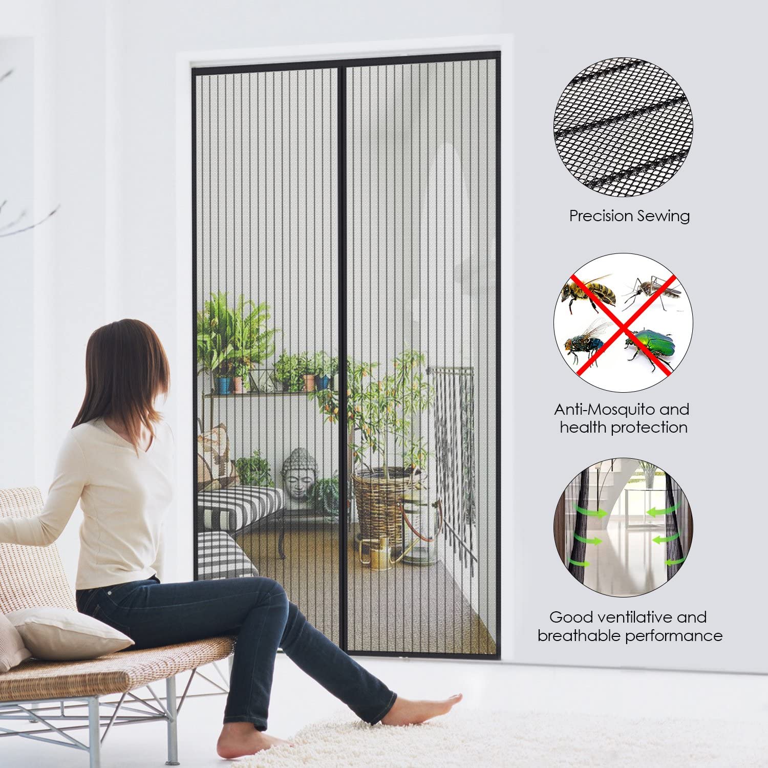 MYCARBON Fly Screen Door Keep Insects Out Mosquito Door Screen (Black/Stripes, 140 * 240cm), 140*240cm - Image 3