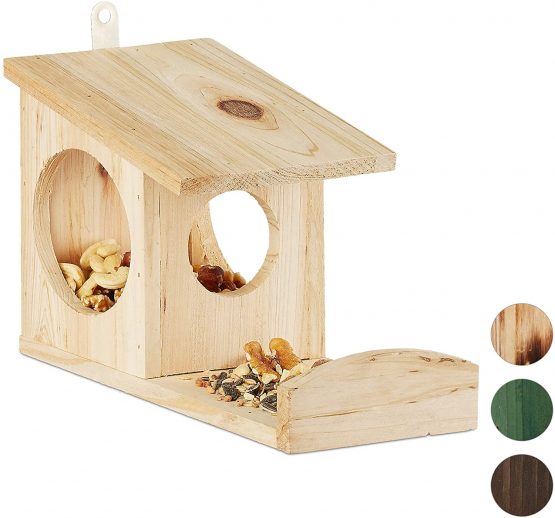 Relaxdays Squirrel Feeder House, Feeding Station Box, Hanging, Wooden, HWD: 17.5 x 14 x 25 cm, Natural, Brown, Pack of 1