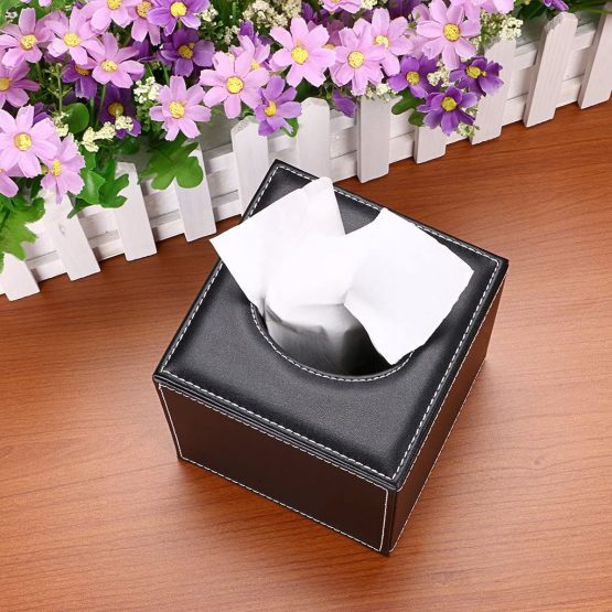 BTSKY PU Leather Household Office Cube Square Tissue Paper Holder Box Cover Case Napkin Holder (Black Cube) - Image 3
