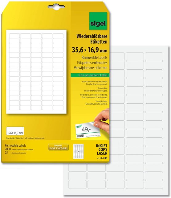 SIGEL LA203 Universal Removable Labels, 3.56 x 1.69 cm, 2000 lbl = 25 sheets, white