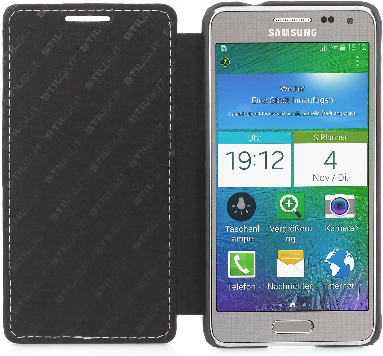 StilGut® Book Type, Leather Case for Samsung Galaxy Alpha Black Nappa without Clip - Image 2