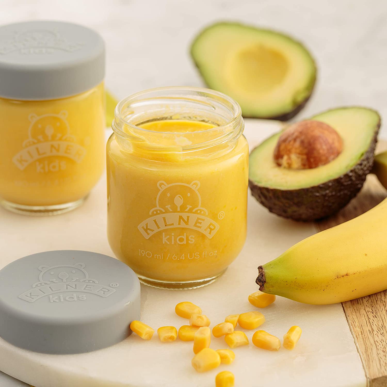 Kilner Kids Glass Baby Food Jars Set of 6 x 190ml Reusable Glass Jars with Airtight Silicone Lids in Purple, Yellow - Image 4
