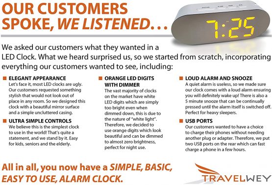 Digital Alarm Clock - Mains Powered, Big Digit Mirror Display, No Frills Simple Operation Alarm Clocks, Bedside Alarm, Snooze, Non Ticking, Full Range Brightness Dimmer, Two USB Charging Ports (White) - Image 2