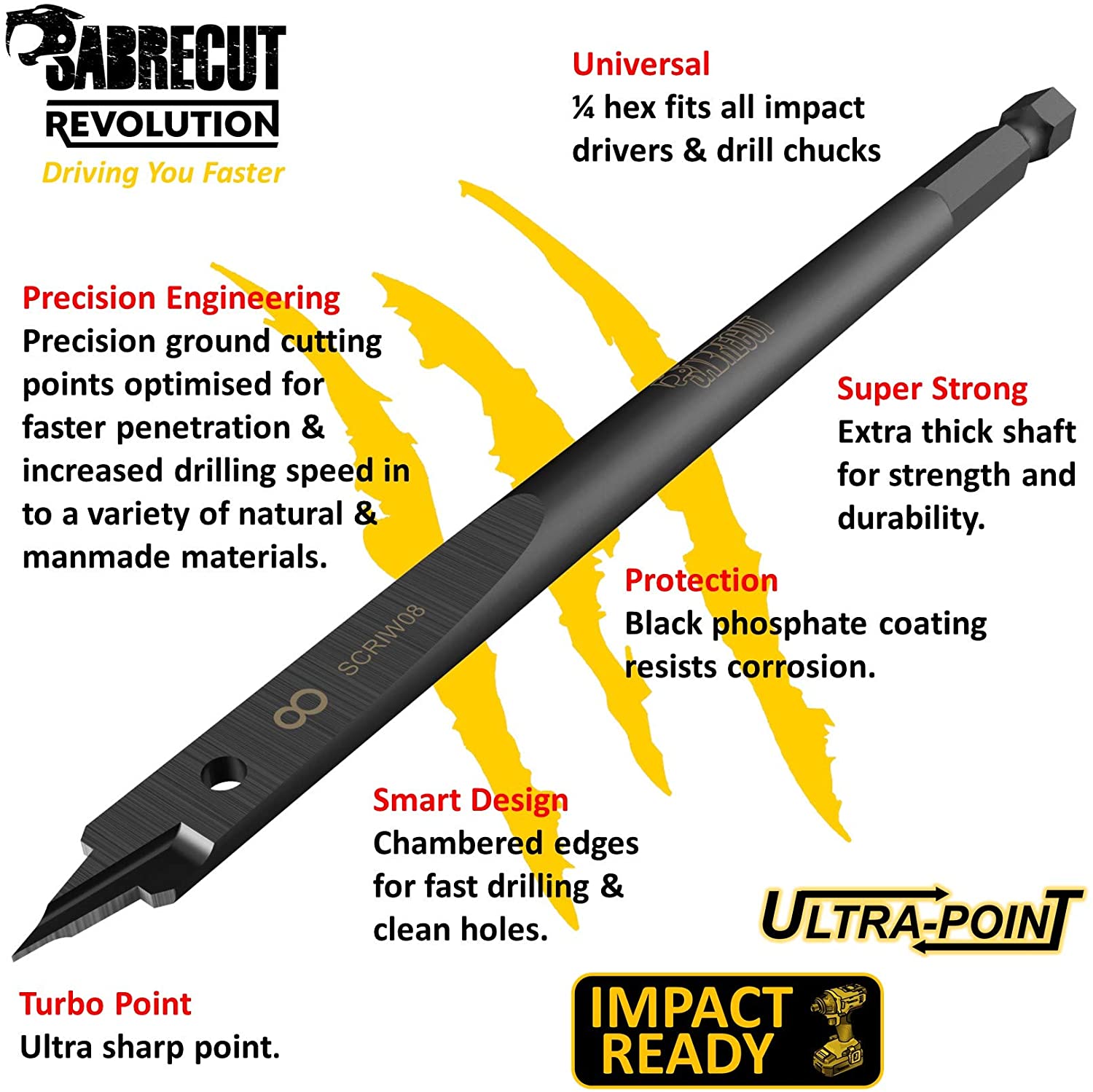 3 x SabreCut SCRIW08_3 8mm x 152mm Impact Rated Flat Wood Spade Bits for Softwood Hardwood Chipboard - Image 2