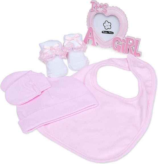 Baby Gift Set - Pink Hamper Box for Baby Girl with Baby Gifts Including a Rattle, Photo Frame, Muslin Cloth, Bib, Socks, Mitts and Hat… - Image 4