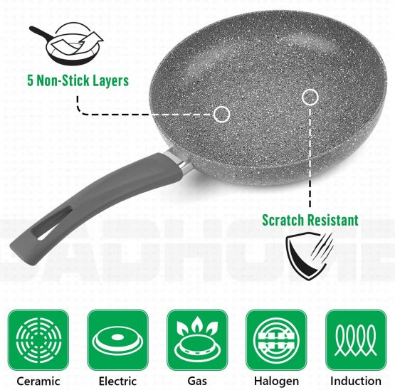 GadHome Premium 26cm Nonstick Frying Pan | High Quality Aluminum Induction Pan with Ergonomic Handle | Gray Stone Granite Effect - Image 4