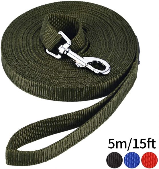 HAPPY HACHI Dog Training Lead Leash, Long Dog Line Nylon Cotton Webbing Recall Rope Leash for Pet Tracking Training Recall Obedience (5m/15ft,Army Green)