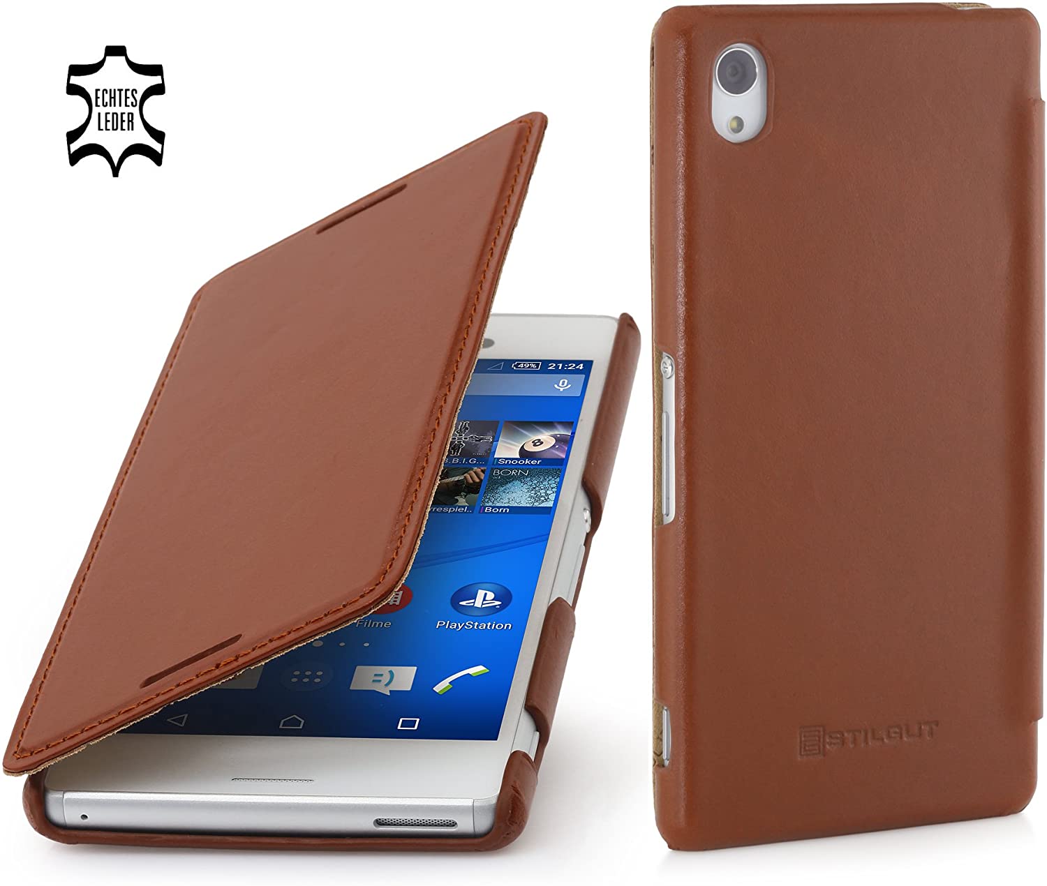 StilGut Book Type, Genuine Leather Case, Cover for Sony Xperia Z5 & Z5 Dual, Cognac Brown