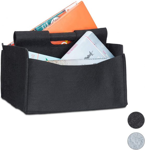 Relaxdays Felt Newspaper Basket, HxWxD: 22 x 32 x 99 cm, 2 Compartments, 1 Handle, Foldable Magazine Holder, Black