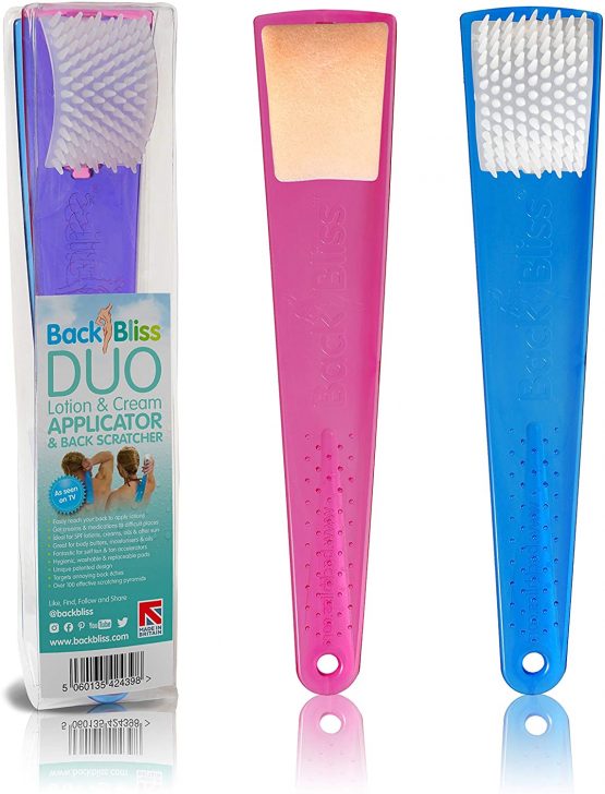 Back Lotion Applicator Easy Reach Body Cream Applier & Back Scratcher for Men and Women - BackBliss Pamper Pack for Body Exfoliation and Body Skin Moisturizer. Made in Britain - Set of Two Pink/Blue