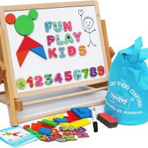 Toys of Wood Oxford Wooden Easel for Children Foldable-Double Magnetic Boards Shapes Letters Numbers Paper Roll Kids Art-Table Top Magnetic Board Black White Drawing Board for Kids