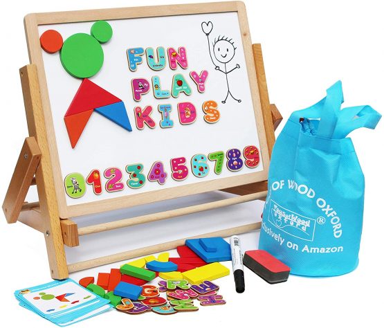Toys of Wood Oxford Wooden Easel for Children Foldable-Double Magnetic Boards Shapes Letters Numbers Paper Roll Kids Art-Table Top Magnetic Board Black White Drawing Board for Kids