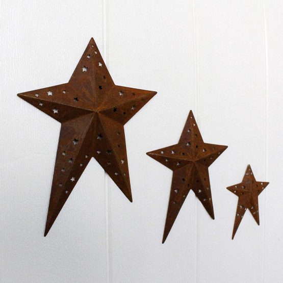 CVHOMEDECO. Primitives Rustic Vintage Gifts Rusty Punched Metal Barn Stars for Wall/Wreaths/Twigs Decor, 8/6/4 Inch, Set of 3 - Image 2