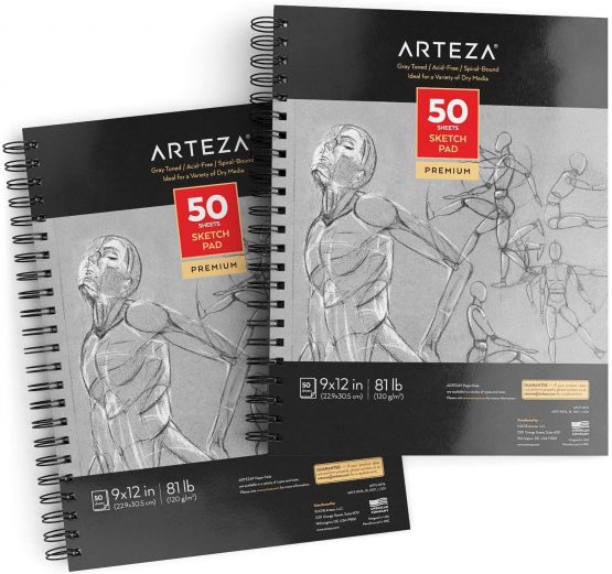 Arteza 22.9 x 30.5 cm Grey Toned Sketch Pad, 2 Pack, 100 Sheets, 120gsm, Spiral-Bound, 50 Sheets Each, Heavyweight Paper, Art Supplies for a Variety of Dry Media