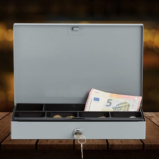 Relaxdays Lockable Cash Box with Coin Compartment, 2 Keys H x W x D: 5x30x20 cm, Grey - Image 3