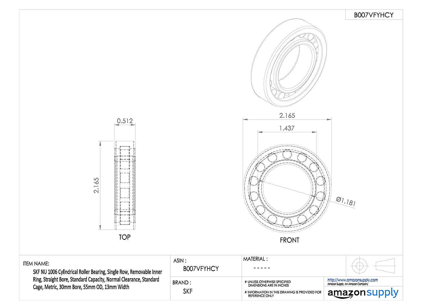 SKF NU 1006 Cylindrical Radial Roller Bearing, 30 ID, Bearing steel - Image 2