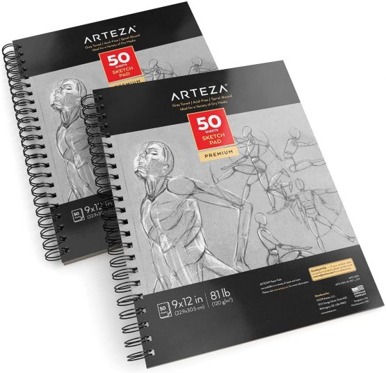 Arteza 22.9 x 30.5 cm Grey Toned Sketch Pad, 2 Pack, 100 Sheets, 120gsm, Spiral-Bound, 50 Sheets Each, Heavyweight Paper, Art Supplies for a Variety of Dry Media - Image 2