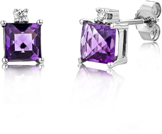 Miore Earrings Women studs Amethyst with Brilliant Cut Diamonds White Gold 9 Kt / 375