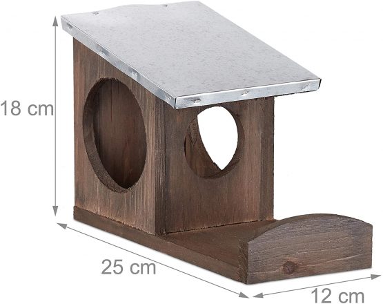 Relaxdays, Dark Brown Squirrel Feeder, Wooden House, Weatherproof Metal Roof, Hanging, Garden Feeding Station - Image 4