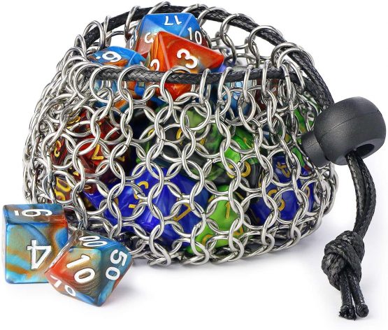 YOUSHARES Drawstring D&D Dice Bag - Large Capacity Stainless Steel Chainmail Dice Bag for Dungeons and Dragons Dice Set (Hold 3 Sets)