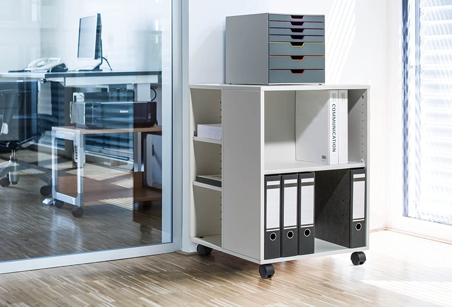 Durable Multi-Functional Trolley, Made of Strong Melamine, Light Grey Colour, Ideal for Storing Documents Folders - Image 4