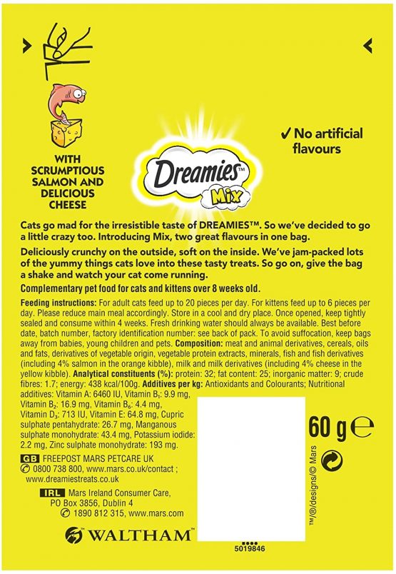 Dreamies Cat Treats, Tasty Snacks with Scrumptious Salmon and Delicious Cheese, 8 Pouches of 60 g - Image 2