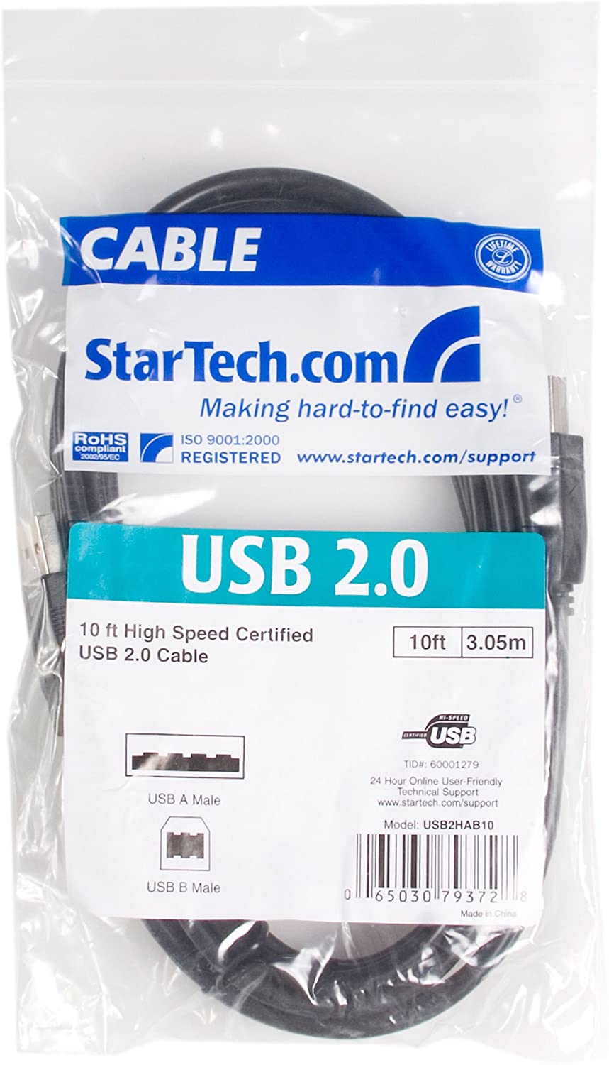 StarTech.com 10 ft USB 2.0 Certified A to B Cable - M/M - 10ft type a to b USB Cable - 10ft a to b USB 2.0 Cable (USB2HAB10),Black - Image 4