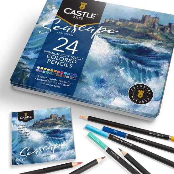 Castle Art Supplies 24 Seascape Coloured Pencils Set for Adults Artists | Ideal Sketching Colouring Drawing high-quality smooth cores | Superior blending & layering performance achieving results
