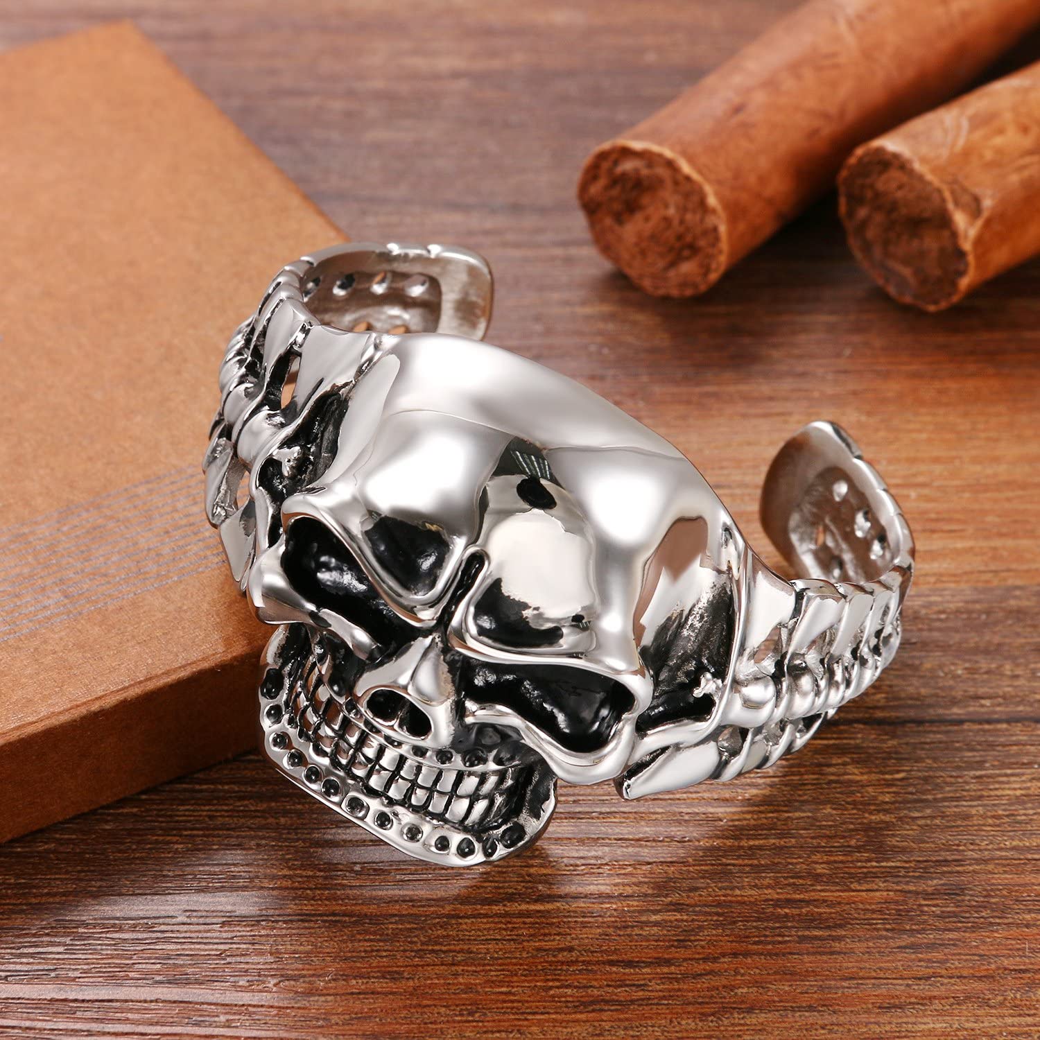 Cupimatch Men's Punk Rock Heavy Solid Stainless Steel Gothic Biker Skull Cuff Bangle Bracelet - Image 3