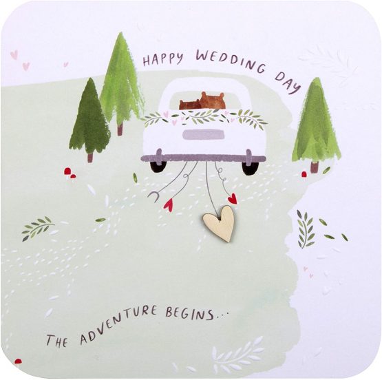 Cute Wedding Congratulations Card from Hallmark - Contemporary Square Design with Embossed Details and Wooden Heart Attachment