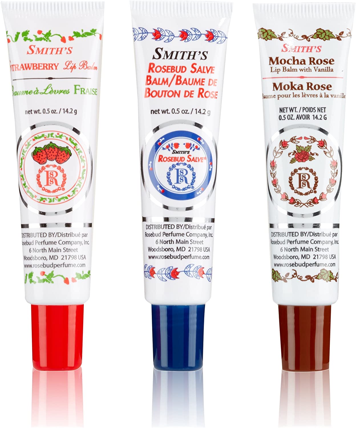 Smith's Rosebud Salve Medley of Lip Balm Tubes, mixed flavors of Mocha Rose, Strawberry , and Rosebud Salve Lip balms