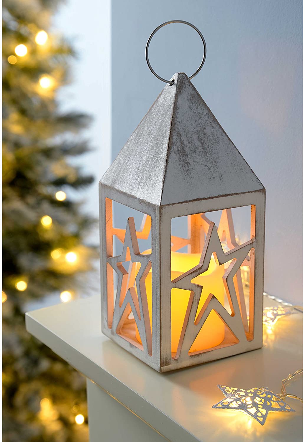 WeRChristmas Pre-Lit Star Lantern Christmas Decoration, Wood, Antique White, 21 cm, 10.5x10.5x21.5 cm - Image 2