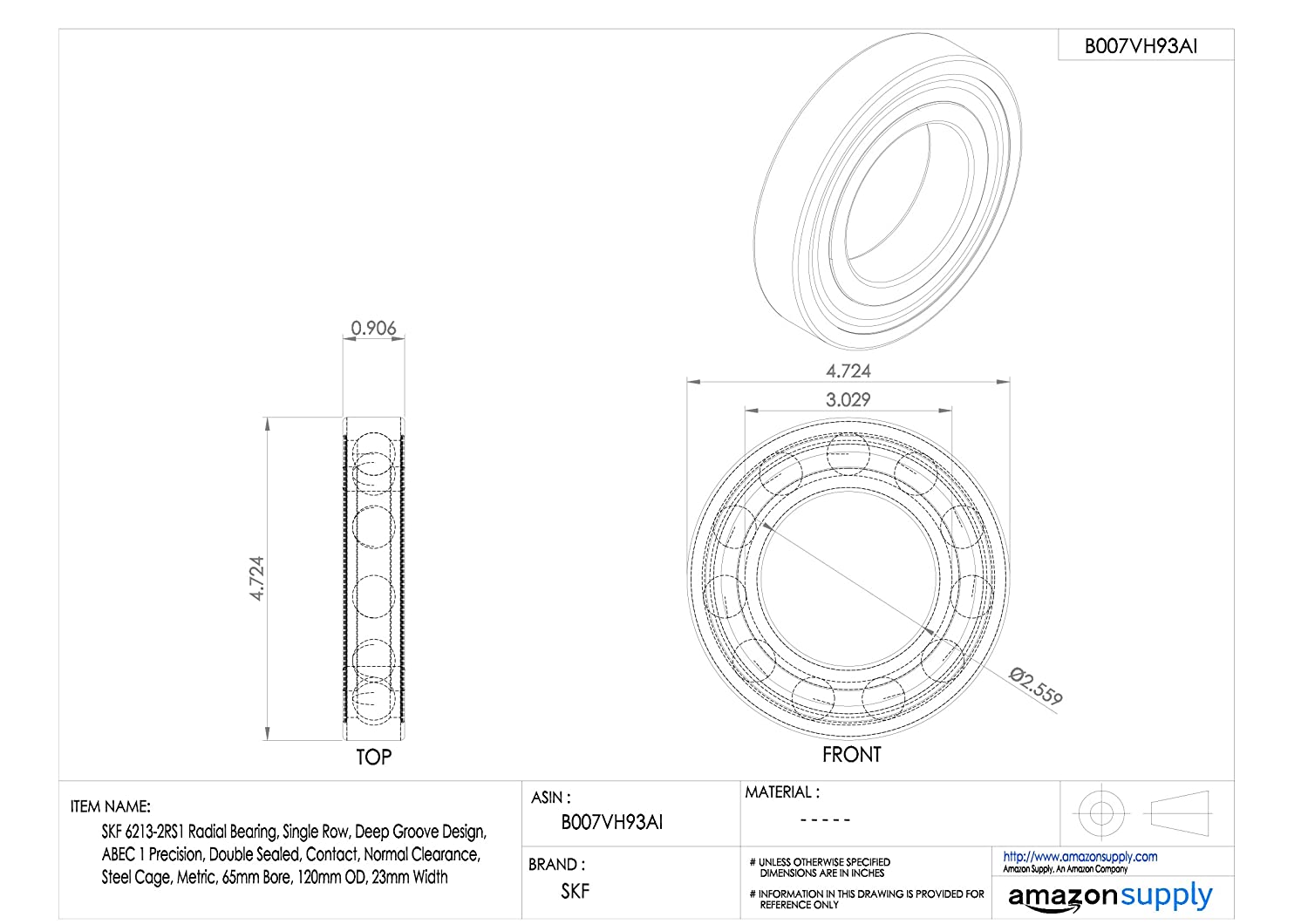 SKF Radial Deep Groove Ball Bearing, 65 ID, Bearing steel - Image 2
