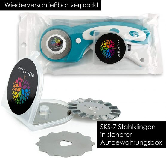 OfficeTree Rotary Cutter - Material Cutter for Easy Cutting of Materials and Paper Precisely to Size - Handle Ergonomic Lock Button - 3 Blades - Ø 45mm - Image 2