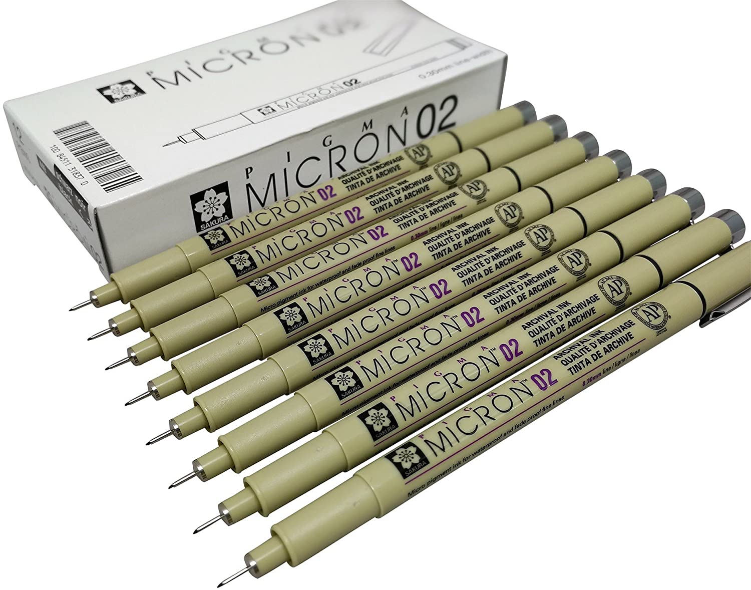 Sakura Pigma Micron drawing pens 02 Black ink, Line Width 0.3mm - 8 pack of Micron 02 black, 8 Count (Pack of 1)