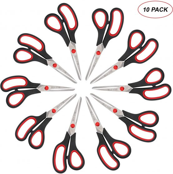 Belle Vous Scissors Multipack (10 Pack) - 19.5cm/7.68 inch Overall Length - Sharp Stainless Steel Blades - Soft Comfort Grip Handles - for Office and Home - Multipurpose Craft Scissors