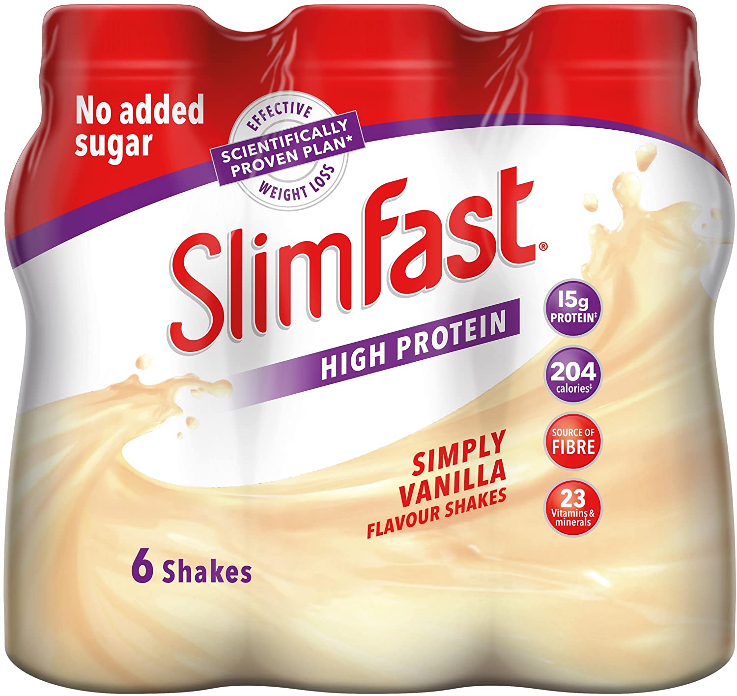 SlimFast Ready To Drink Shake, Tasty, Balanced Shake with Vitamins and Minerals, No Sugar, Vanilla Flavour, 6 x 325 ml Multipack
