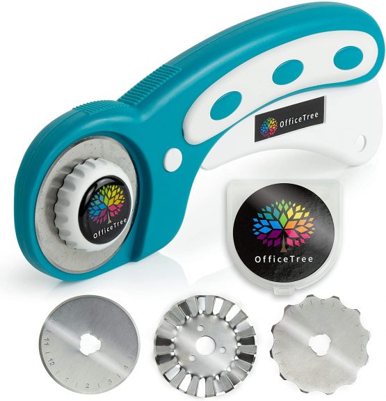 OfficeTree Rotary Cutter - Material Cutter for Easy Cutting of Materials and Paper Precisely to Size - Handle Ergonomic Lock Button - 3 Blades - Ø 45mm