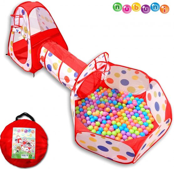 NUBUNI 3pc Kids Play Tent Crawl Tunnel and Ball Pit Pop Up Playhouse Tent with 2 Basketball Hoop for Girls, Boys, Babies, and Toddlers for Indoor and Outdoor Use with Carrying Case