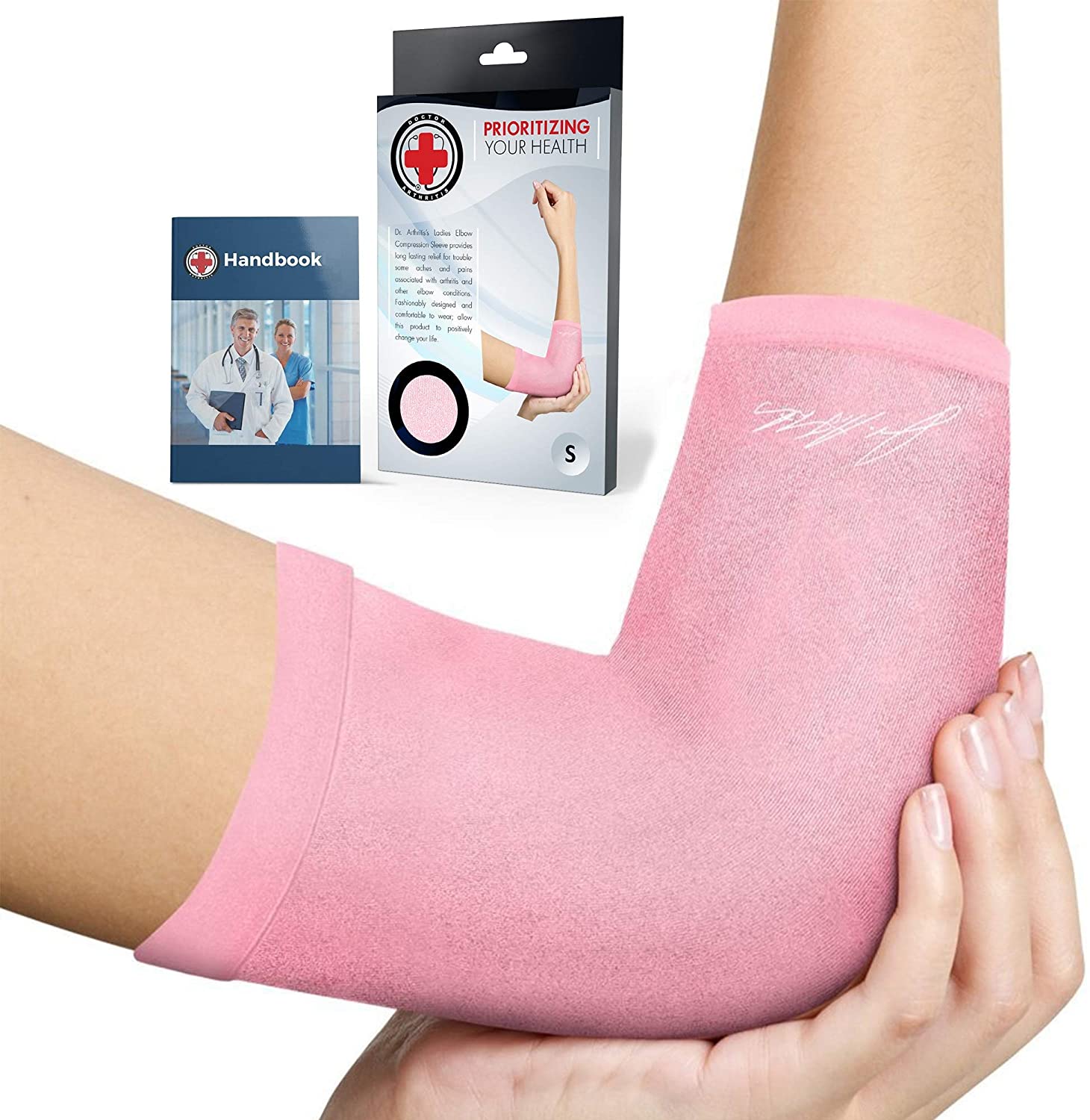 Dr.Arthritis Doctor Developed ladies pink elbow compression sleeve and & Doctor Handbook