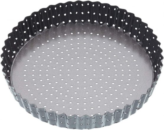 MasterClass KCMCCB33 Crusty Bake 25 cm Perforated Quiche Tin with PFOA Free Non Stick and Loose Bottom, Fluted, Robust 1 mm Carbon Steel, Grey