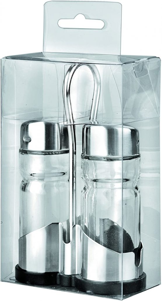 IBILI Clasica Salt and Pepper Shaker Set with Holder, Stainless Steel, Silver/Transparent, 27 x 12 x 6 cm