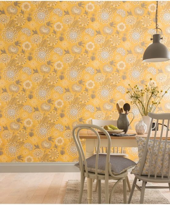 Arthouse Mustard Yellow Grey Wallpaper -Vintage Bloom Eye Catching Florals - Vibrant Feel - Muted Grey & Cream Flowers on Mustard Background - Fabric Look - Subtle Pearlised Finish 676206 - Image 2