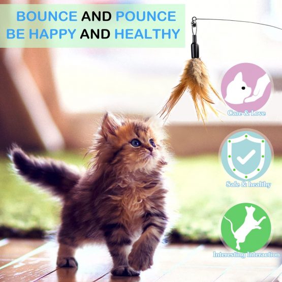 Pawaboo Feather Teaser Cat Toy, Interactive Feather Wand Cat Toy Flying Feather Cat Catcher with Extra Long 31.5" Wand and Small Bell, Fun Exerciser Playing Toy for kitten or cat, Brown Feather - Image 2