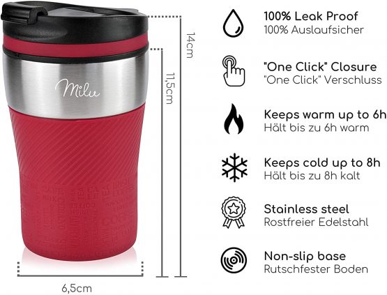 Milu Travel Mug Insulated Mug Coffee Mug to go - 210ml 100% Leak Proof - Stainless Steel Drinking Mug - Car Mug Double Wall Insulation - Thermo Cup - Mug (Red) - Image 2