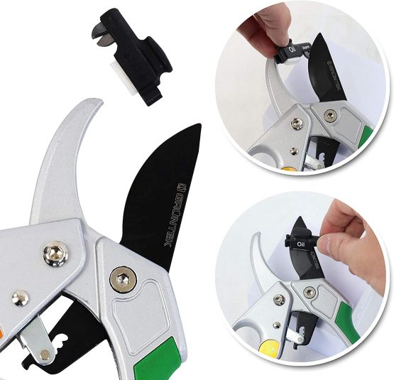 GRÜNTEK Secateurs CONDOR 200 mm, automatic ratchet, Ø20 mm, SK5 blade, aluminium handles with PVC coating, incl. oil sponge and sharpener - Image 3