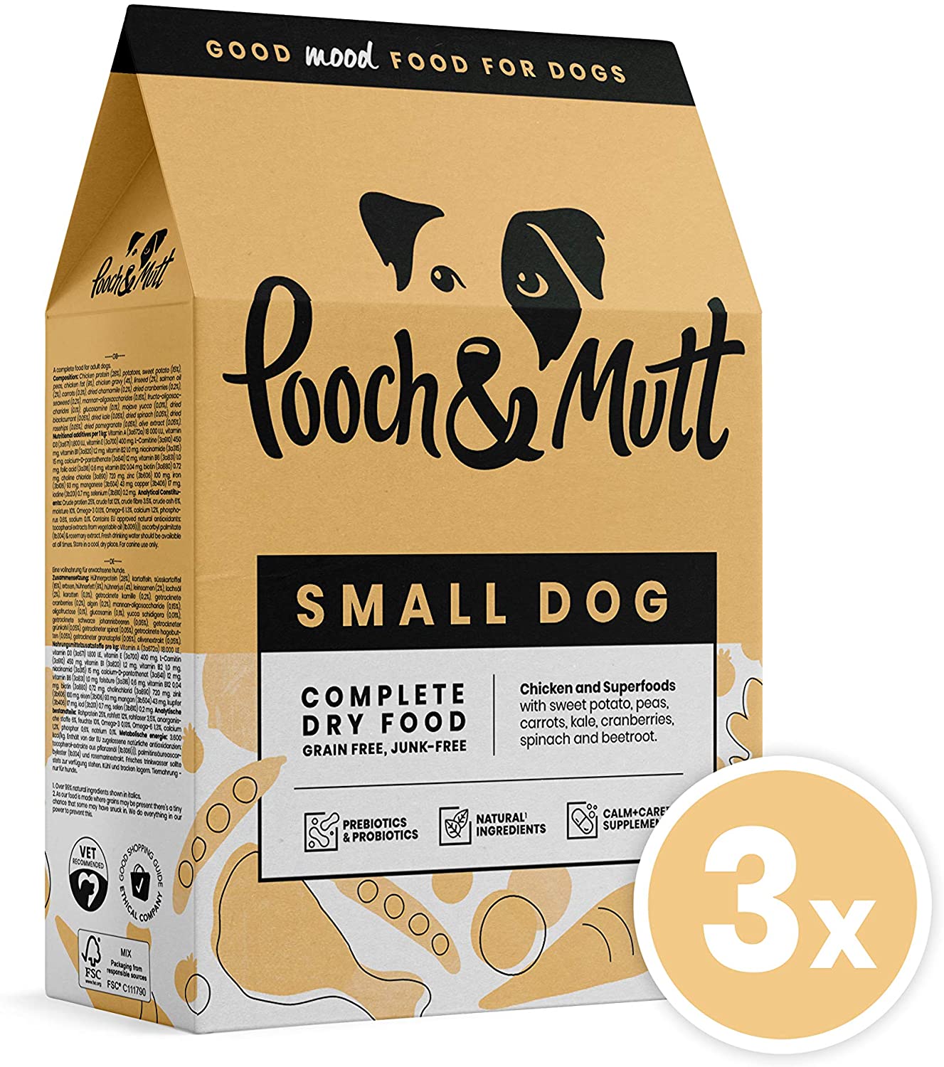 Pooch & Mutt - Complete Small Dry Dog Food (Grain Free & 100% Natural) - Chicken & Superfood Blend, 3x1kg, Brown